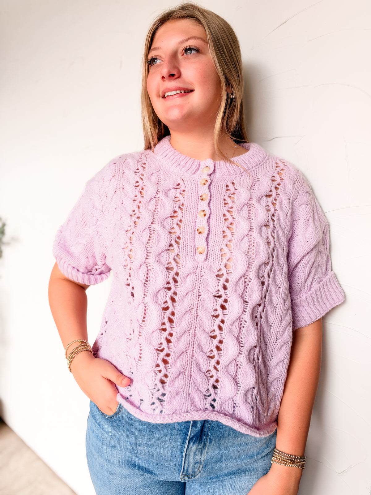 Just A Reminder Rouched Cable Knit Pullover- Lavender