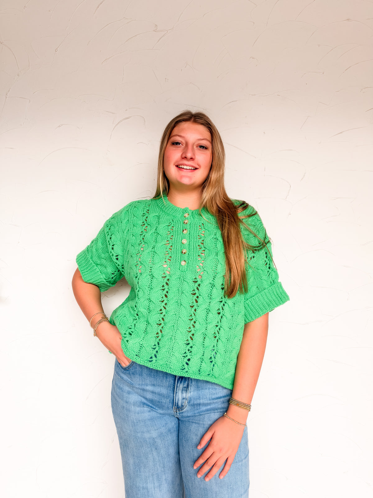 Just A Reminder Rouched Cable Knit Pullover- Green
