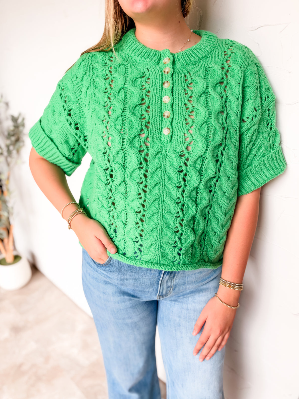 Just A Reminder Rouched Cable Knit Pullover- Green