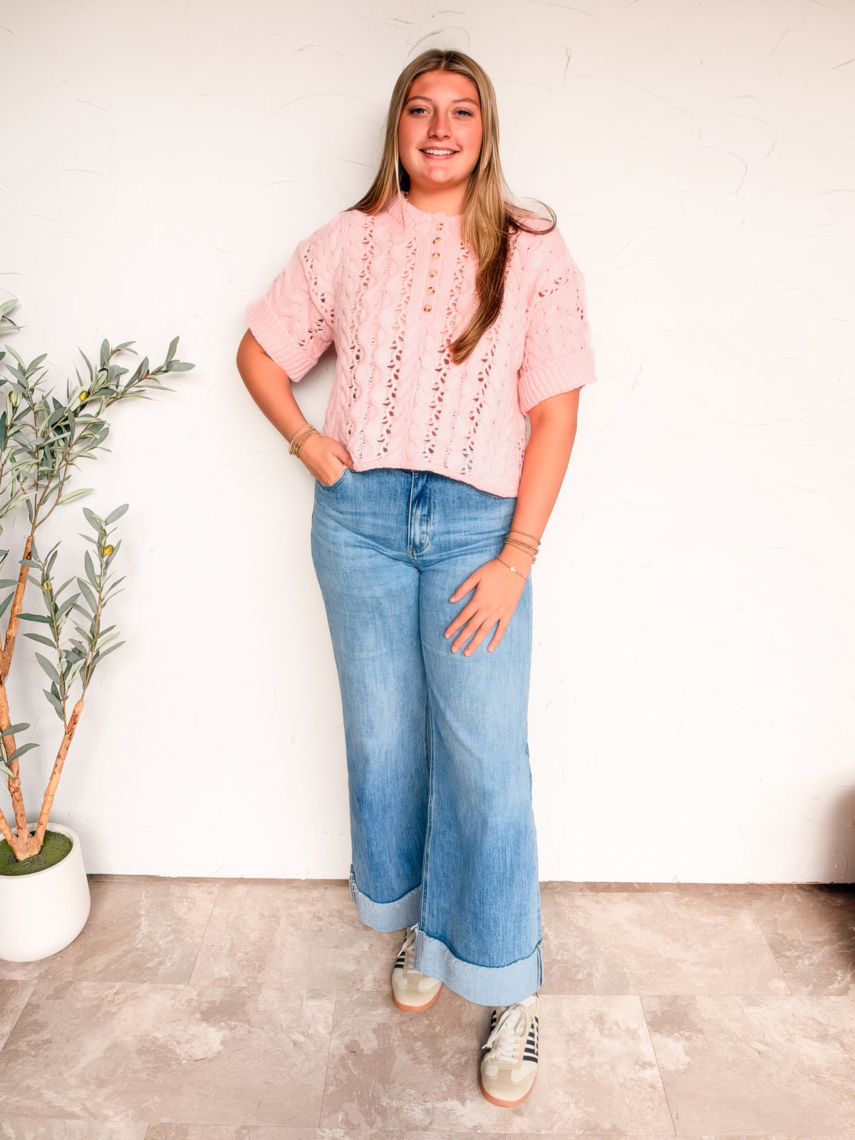 Just A Reminder Rouched Cable Knit Pullover- Pink