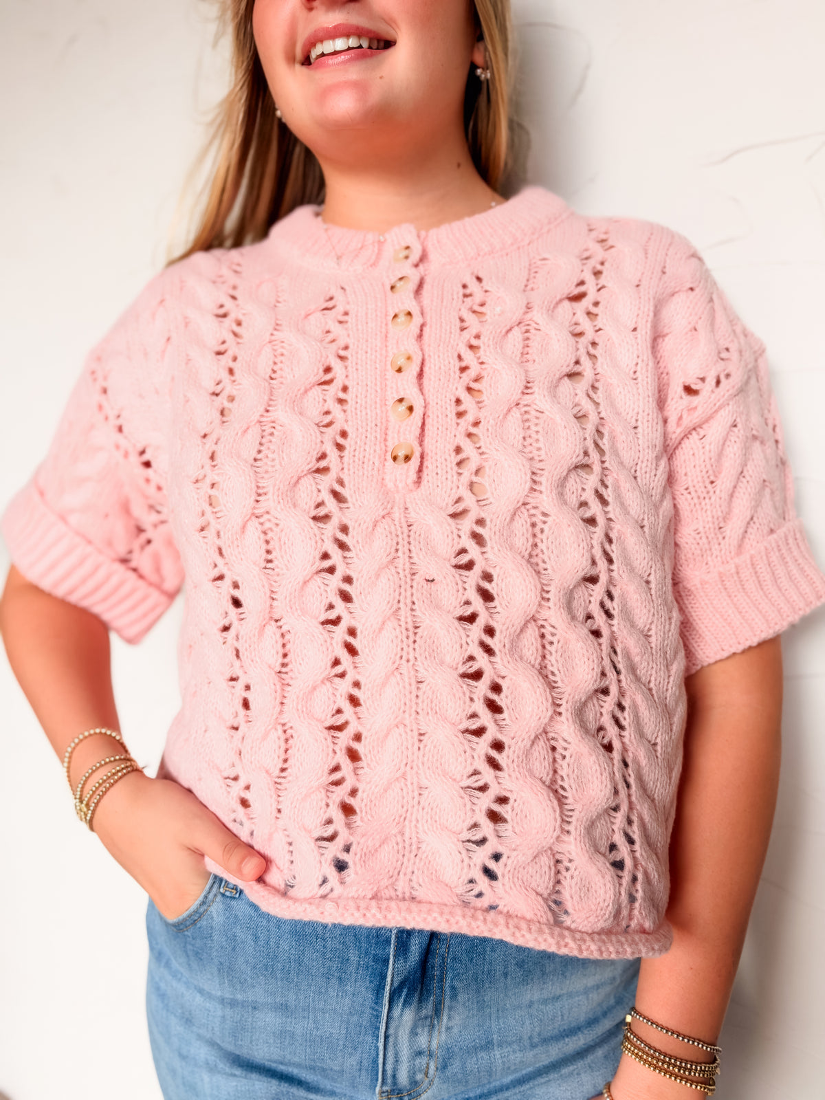 Just A Reminder Rouched Cable Knit Pullover- Pink