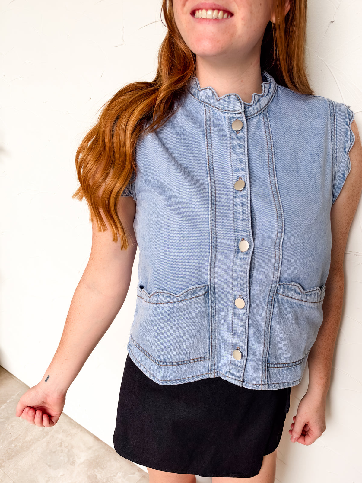 Waiting For You Scallop Edge Denim Crop Vest