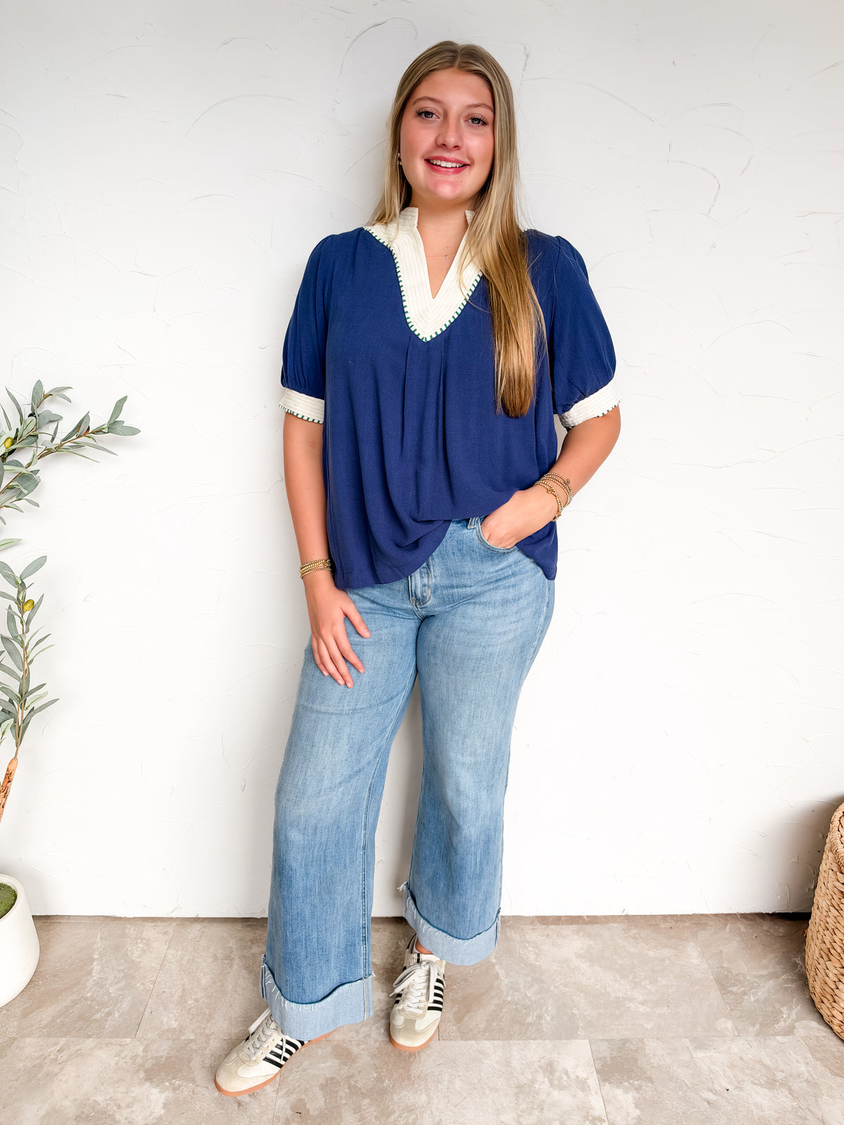 Seek Happiness Linen Contrast Trim Top- Navy