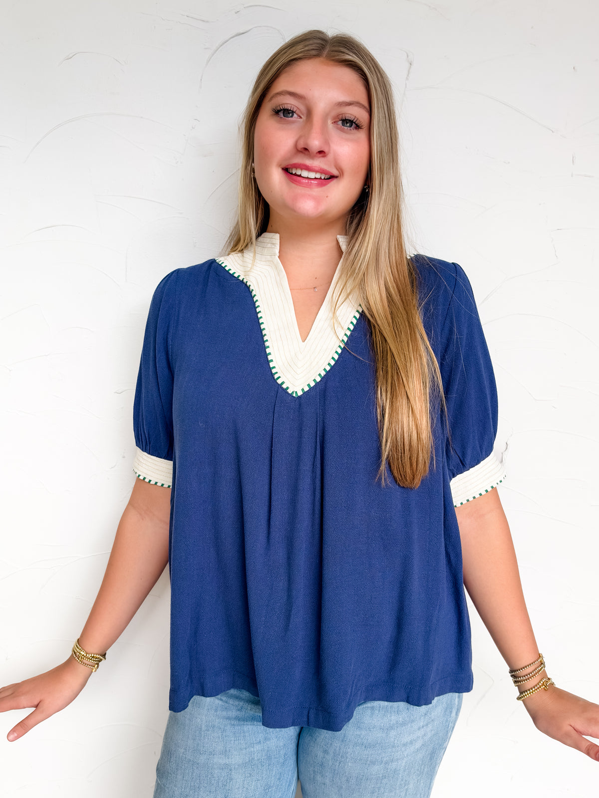 Seek Happiness Linen Contrast Trim Top- Navy
