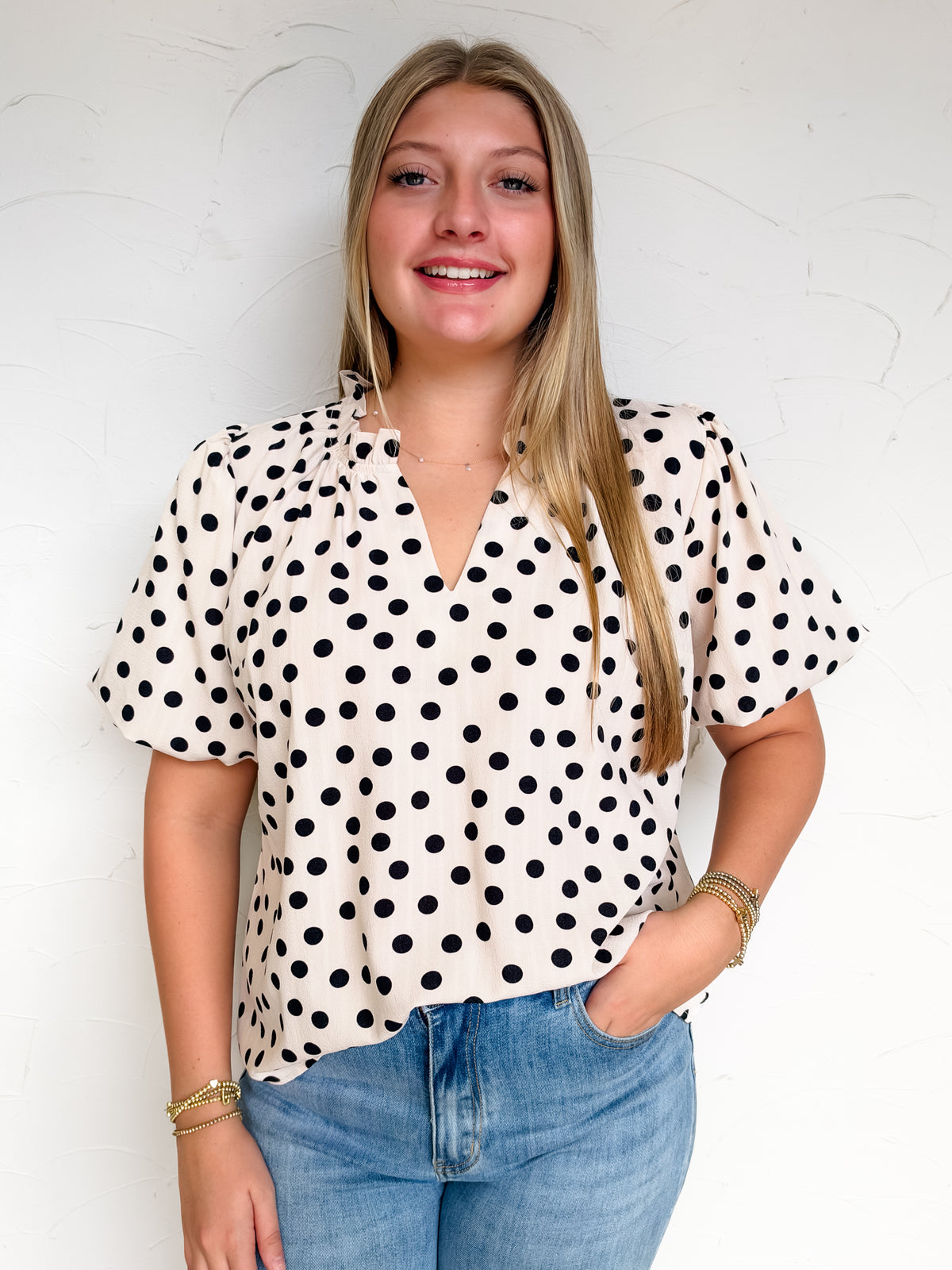 Be The Joy Flutter Sleeve Polka Dot Top