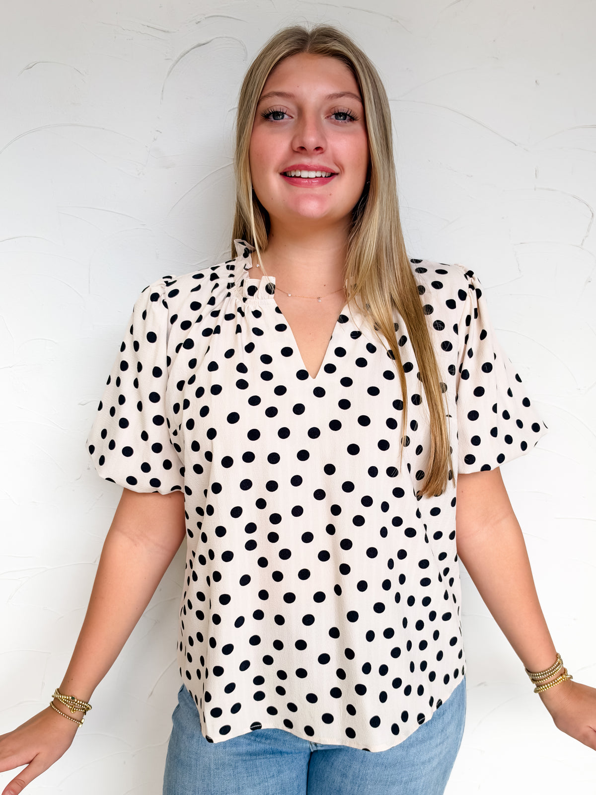 Be The Joy Flutter Sleeve Polka Dot Top