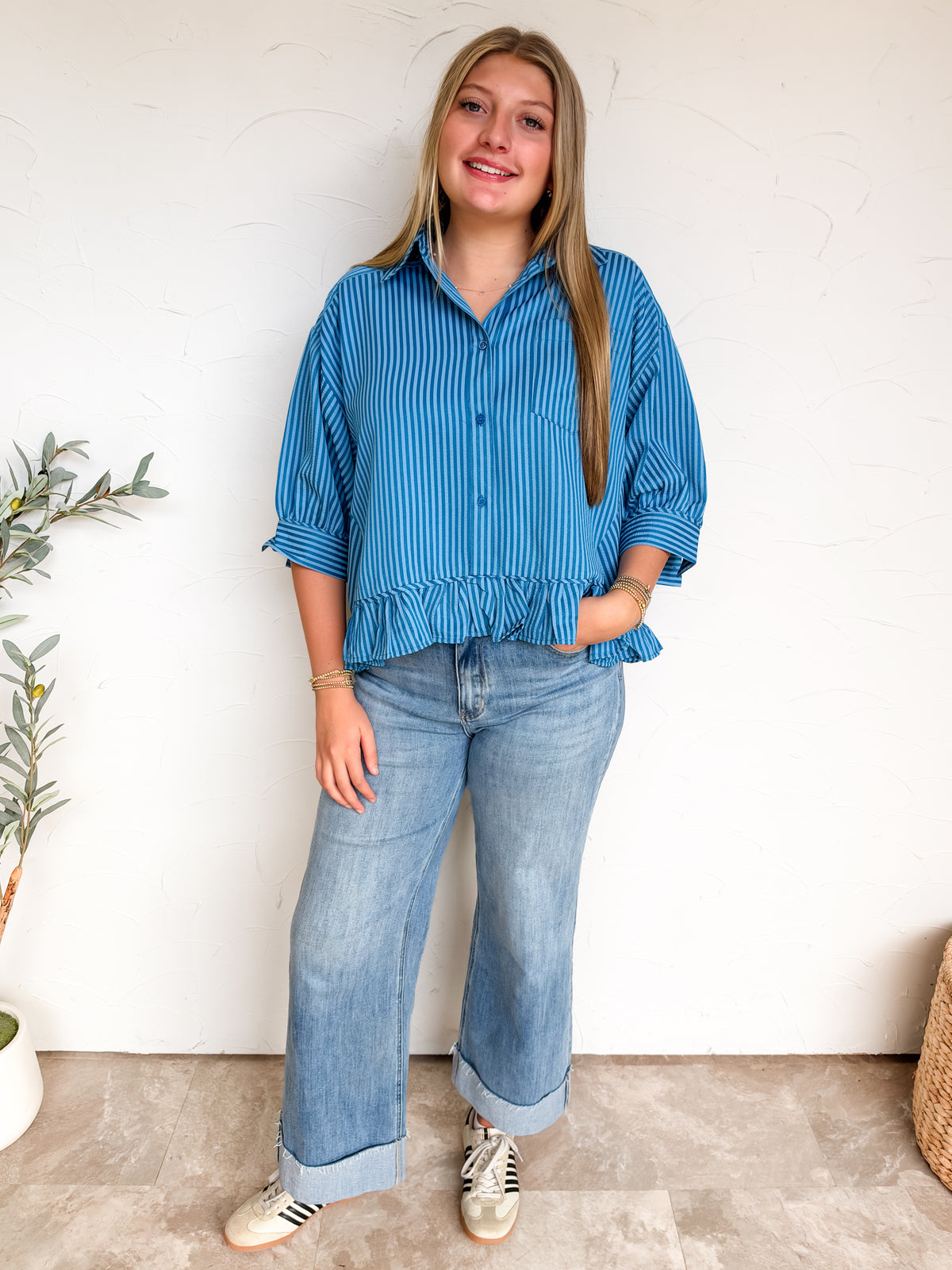 It's My Attitude Striped Ruffle Shirt Button Down Top- Blue