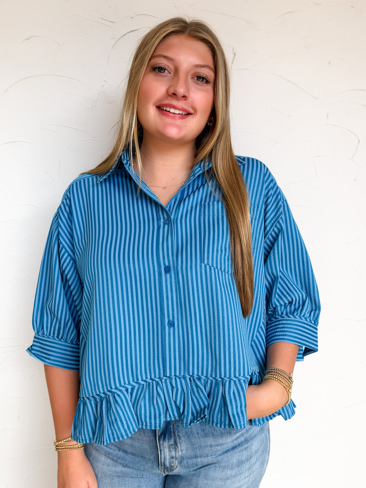 It's My Attitude Striped Ruffle Shirt Button Down Top- Blue