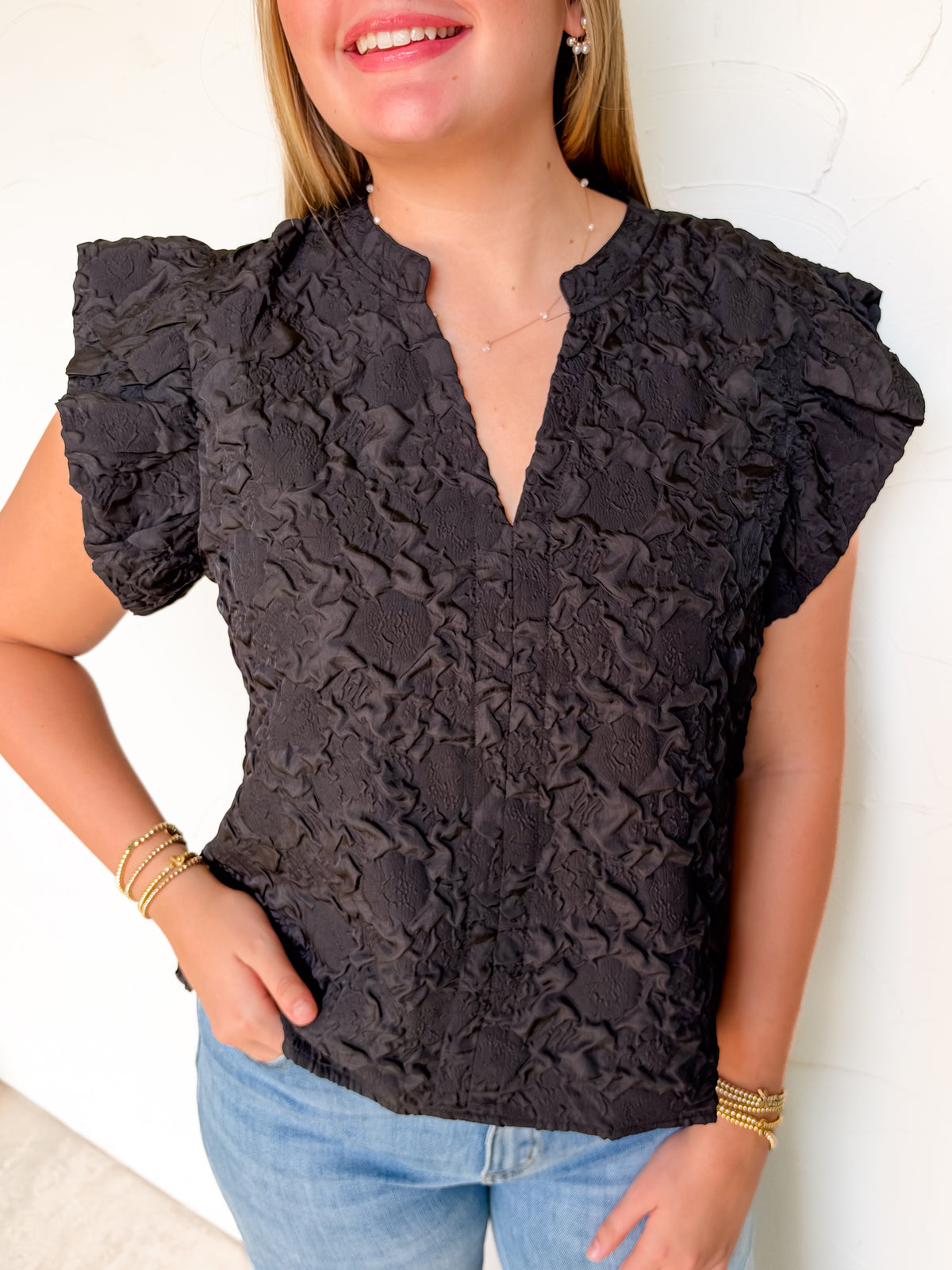 {THML} Straight To The Point Textured Ruffle Sleeve Top