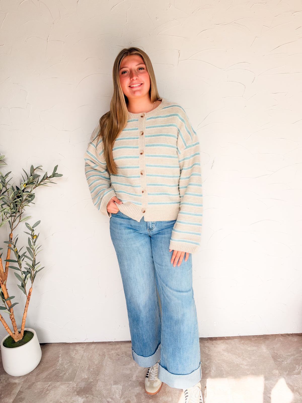 Keep Me In The Mix Striped Cardigan- Taupe Multi