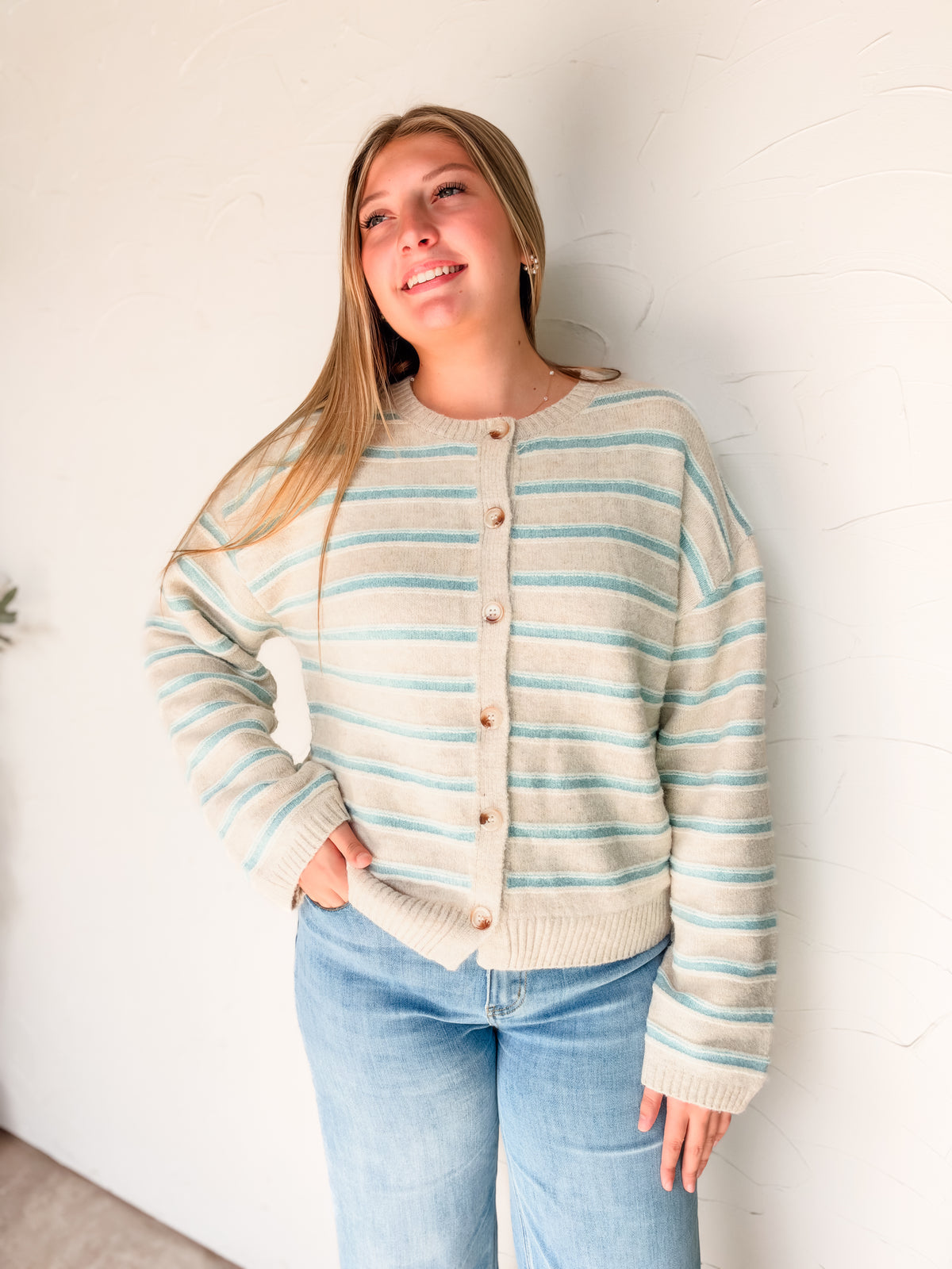Keep Me In The Mix Striped Cardigan- Taupe Multi