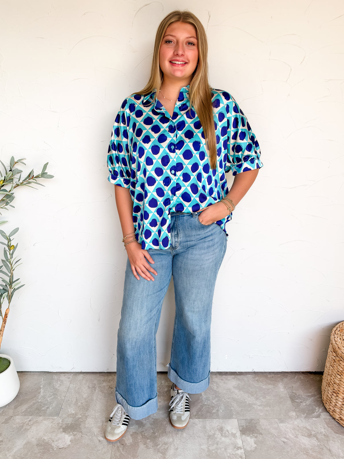 Spot On Satin Button Down Top