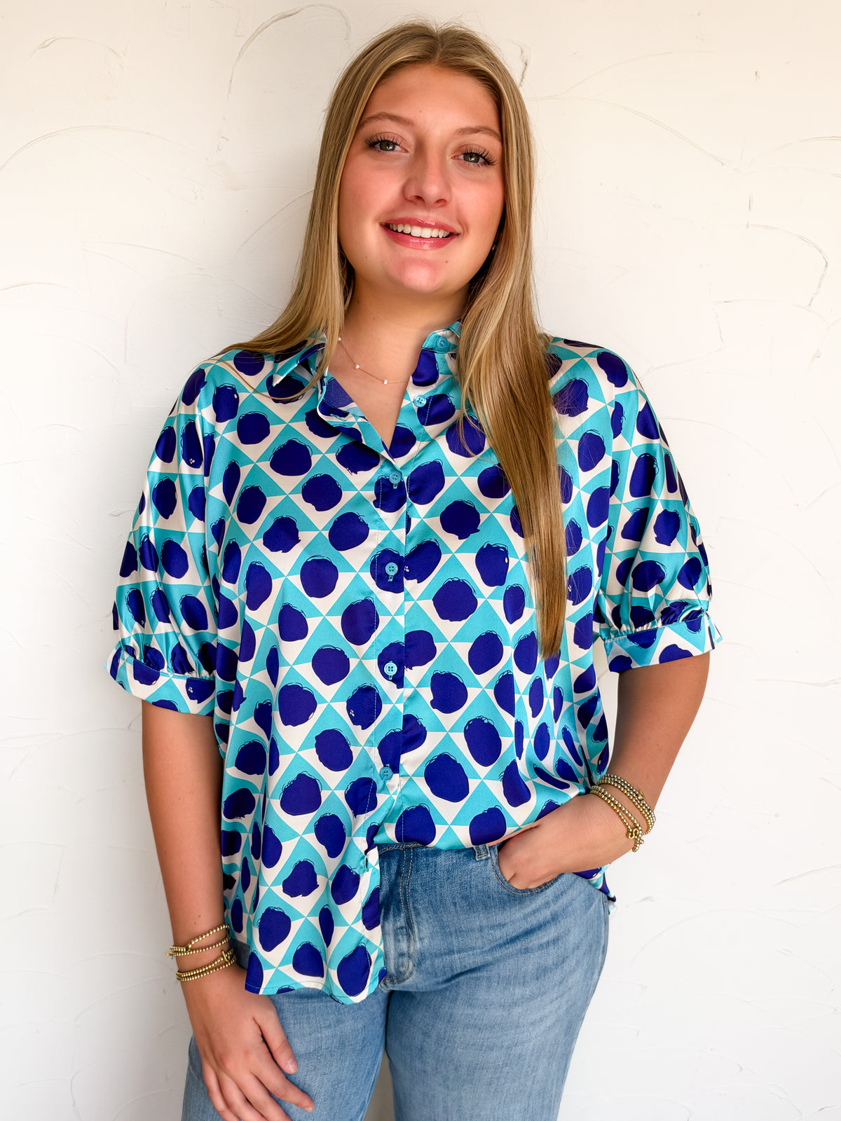 Spot On Satin Button Down Top