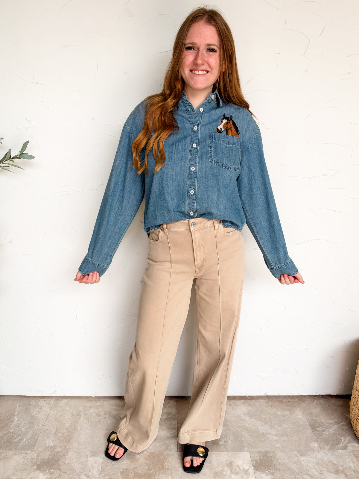 Horse Embroidered Denim Button Down Shirt