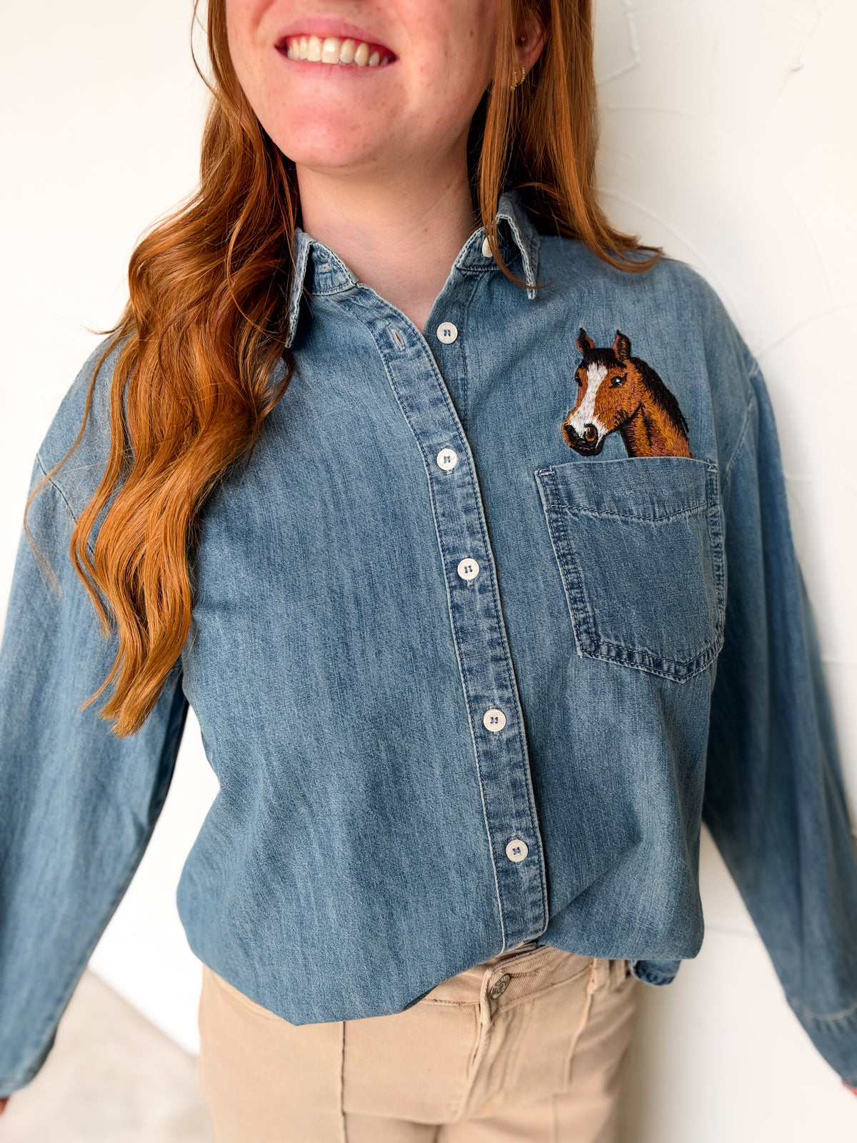 Horse Embroidered Denim Button Down Shirt