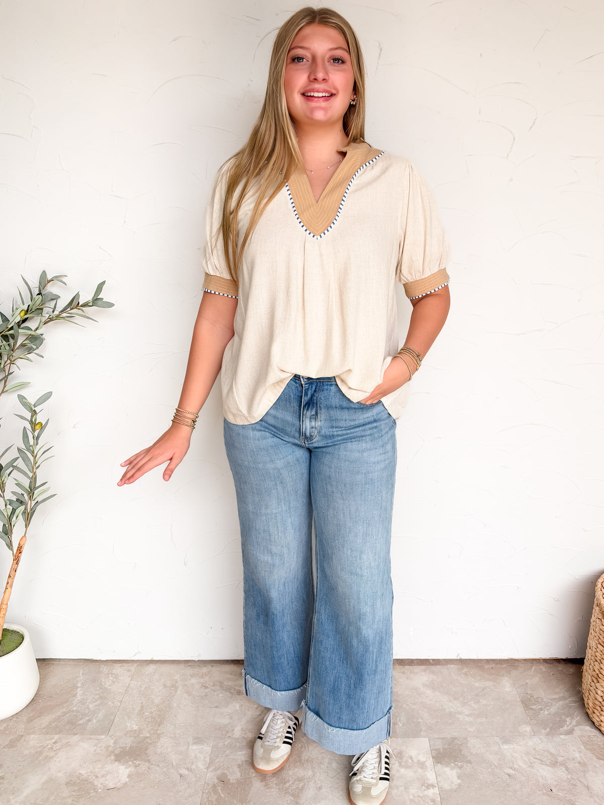 Seek Happiness Linen Contrast Trim Top- Oatmeal