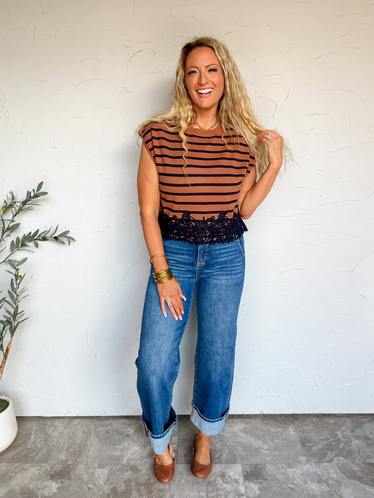 Charming Beauty Contrast Lace Hem Top- Navy Brown