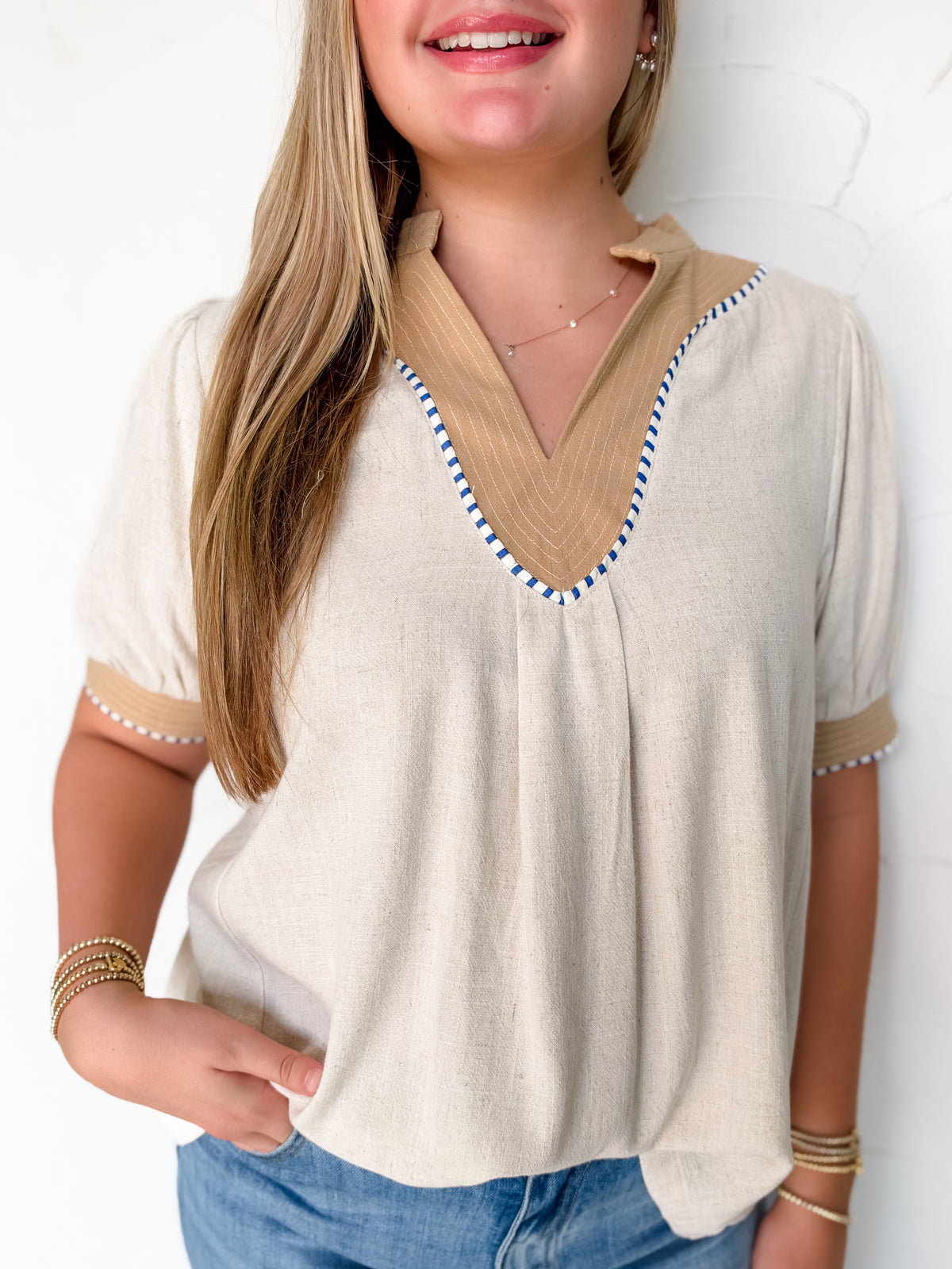 Seek Happiness Linen Contrast Trim Top- Oatmeal