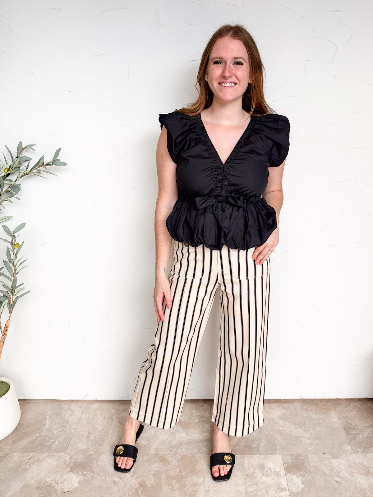 True To My Word  V Neck Cap Sleeve Top- Black