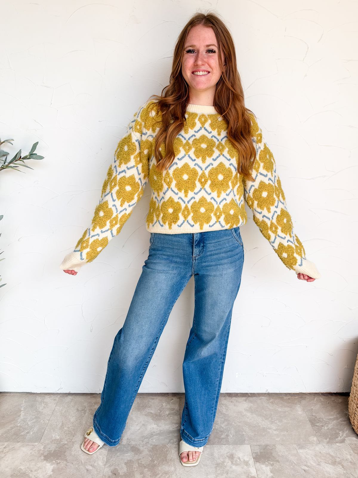 Tell Us A Story Fuzzy Floral Sweater - Yellow Flower