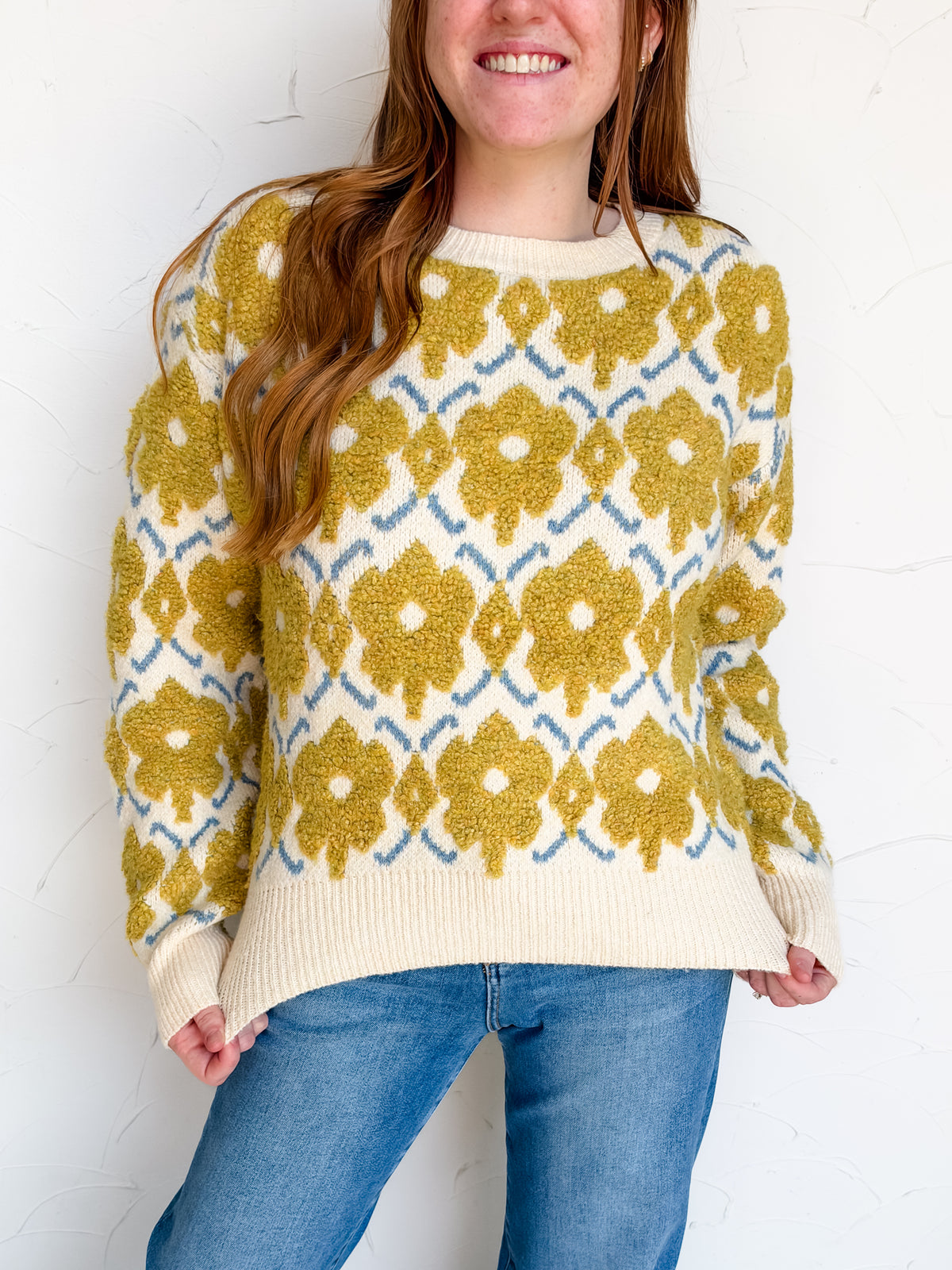 Tell Us A Story Fuzzy Floral Sweater - Yellow Flower