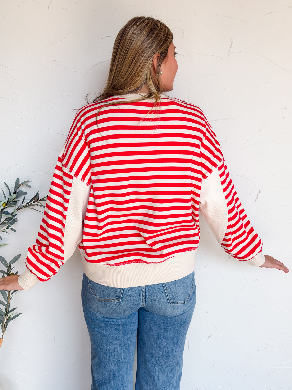 Just Around The Corner Striped Oversized Sweatshirt- Ruby