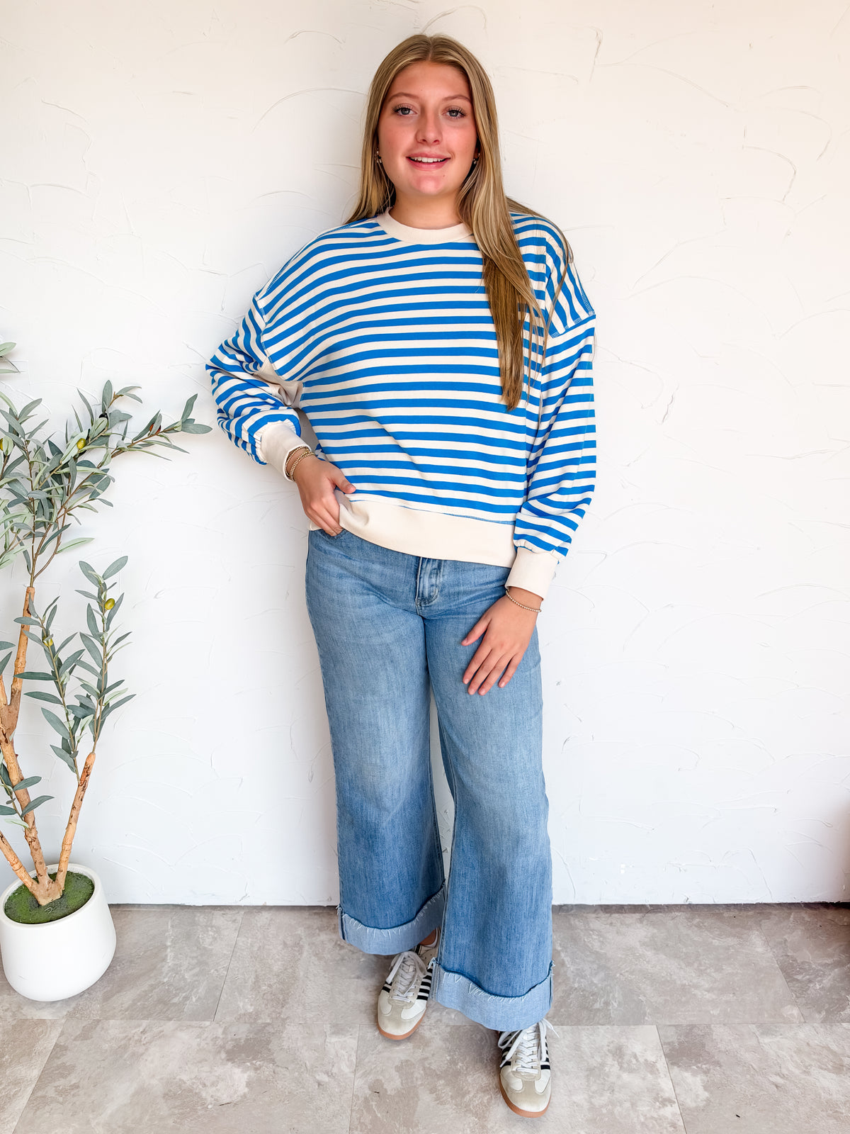 Just Around The Corner Striped Oversized Sweatshirt-Ocean Blue
