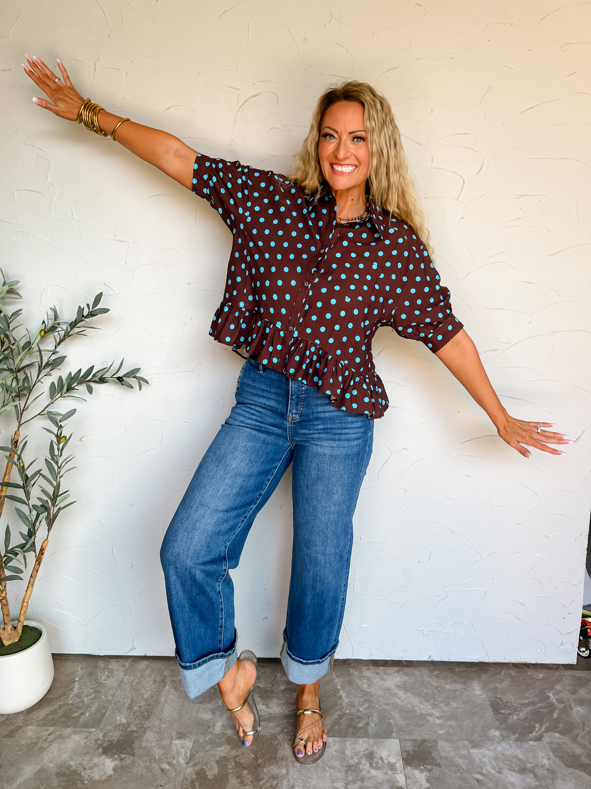 A Pop Of Dots Ruffle Hem Top- Brown