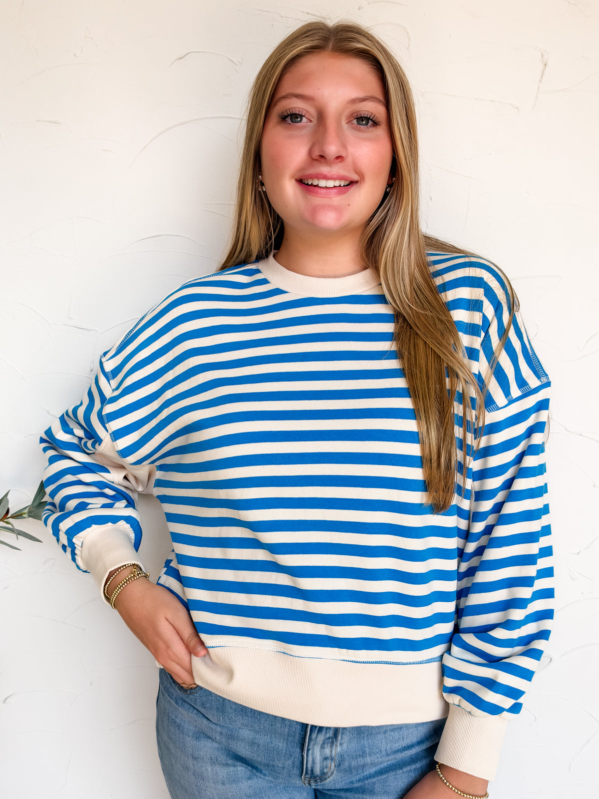 Just Around The Corner Striped Oversized Sweatshirt-Ocean Blue
