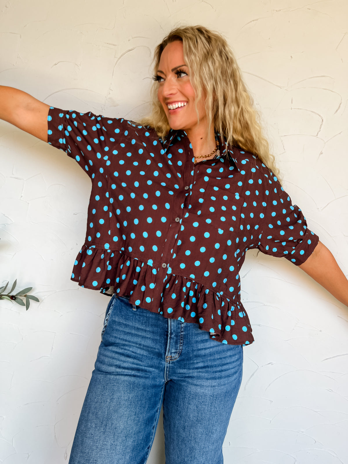 A Pop Of Dots Ruffle Hem Top- Brown