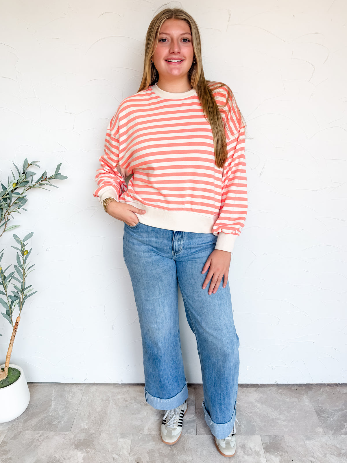 Just Around The Corner Striped Oversized Sweatshirt- Coral