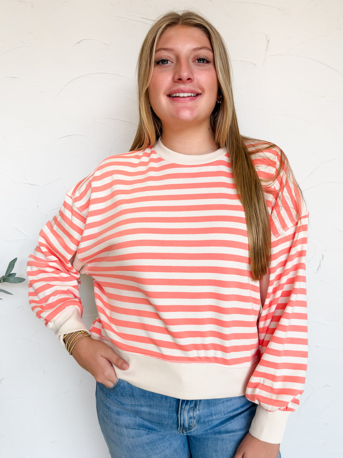 Just Around The Corner Striped Oversized Sweatshirt- Coral