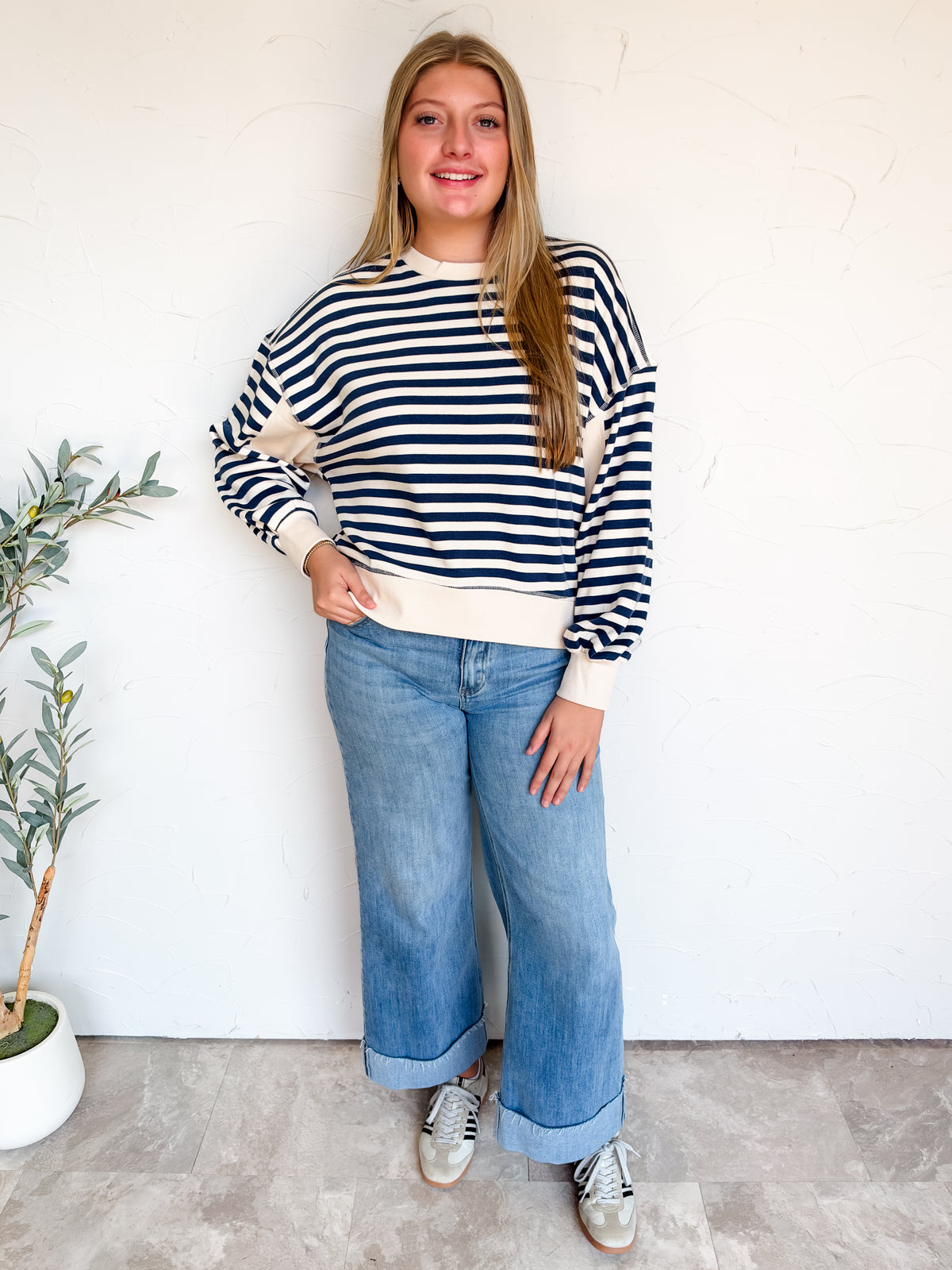 Just Around The Corner Striped Oversized Sweatshirt- Navy