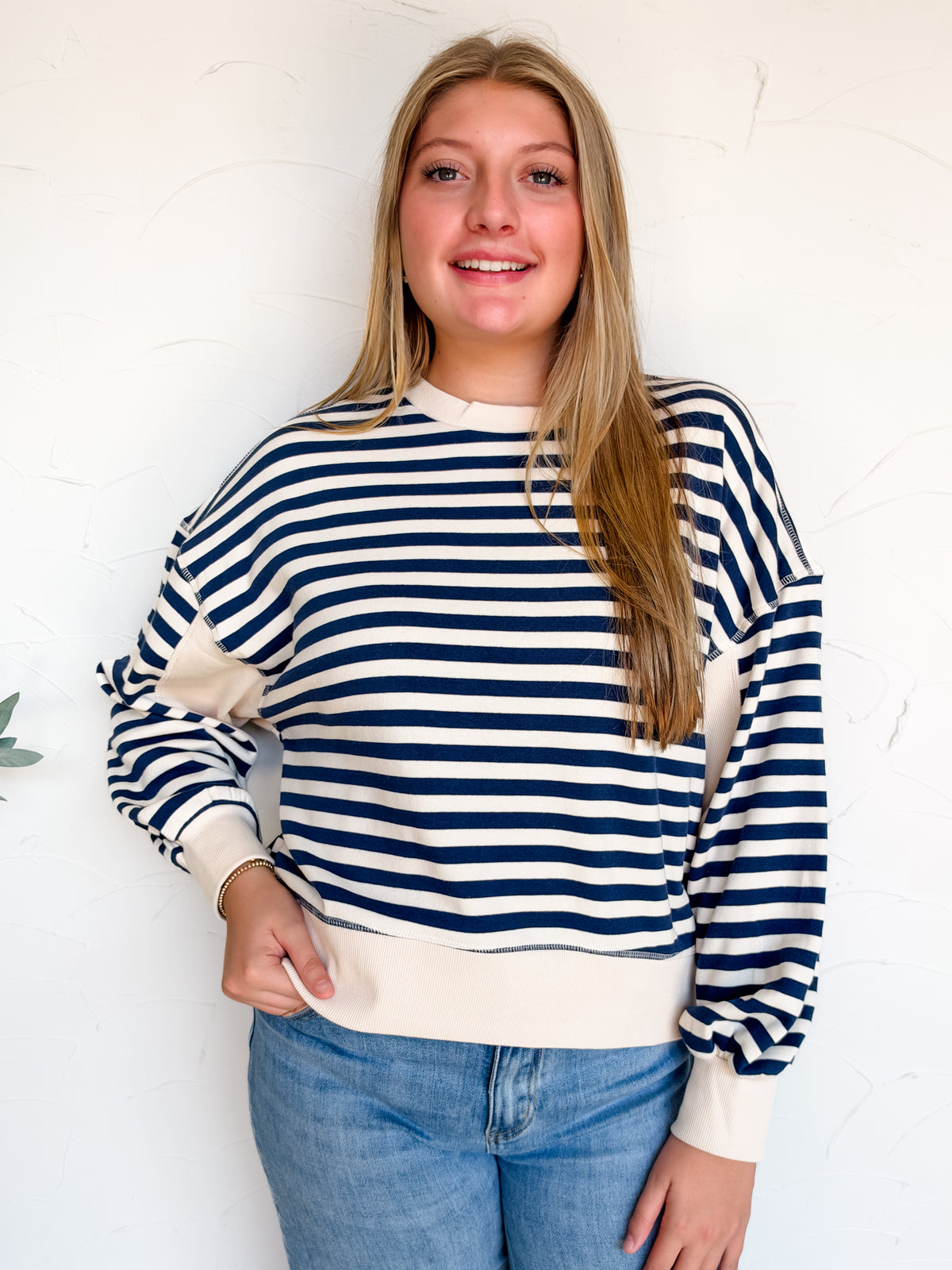 Just Around The Corner Striped Oversized Sweatshirt- Navy