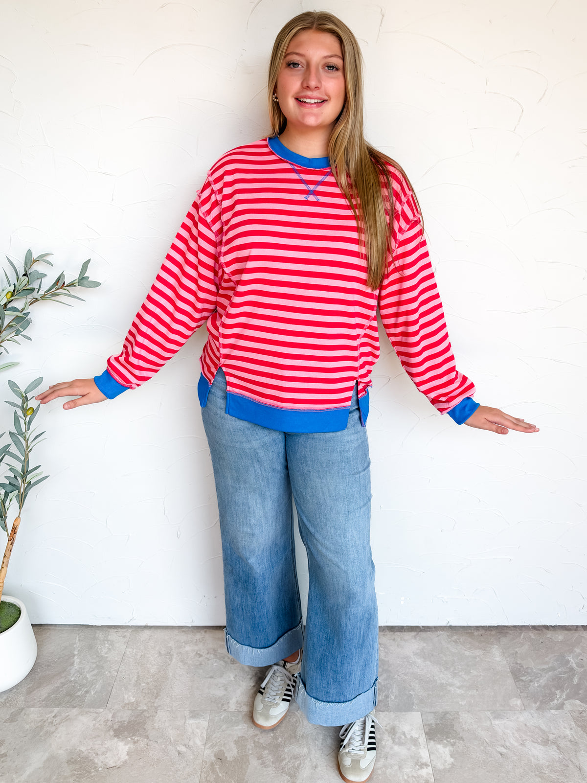 Always Fun French Terry Striped Pullover- Ruby/Dk Pink