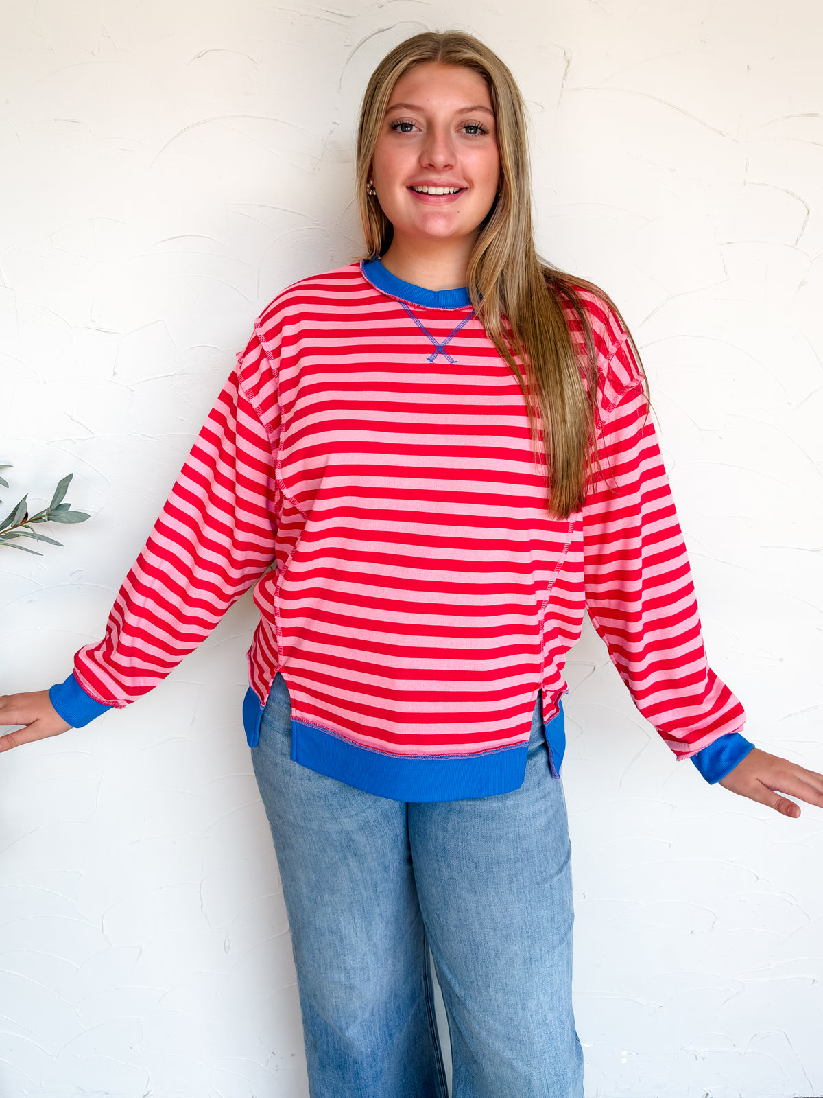 Always Fun French Terry Striped Pullover- Ruby/Dk Pink