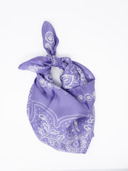 A purple bandana with a white paisley pattern, tied in a knot and displayed on a clean white background.