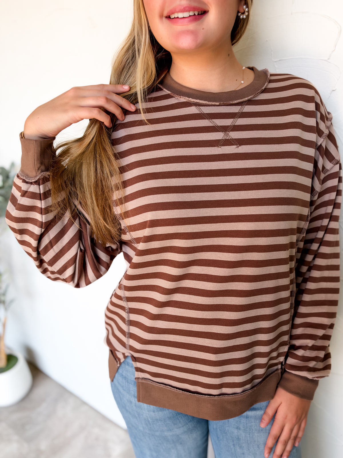 Always Fun French Terry Striped Pullover- Brown/Ash Mocha