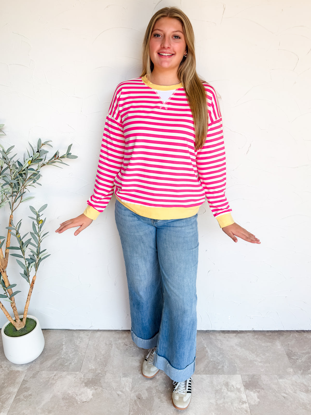 In The Spirit Striped Rib Banded Pullover- Hot Pink/Yellow