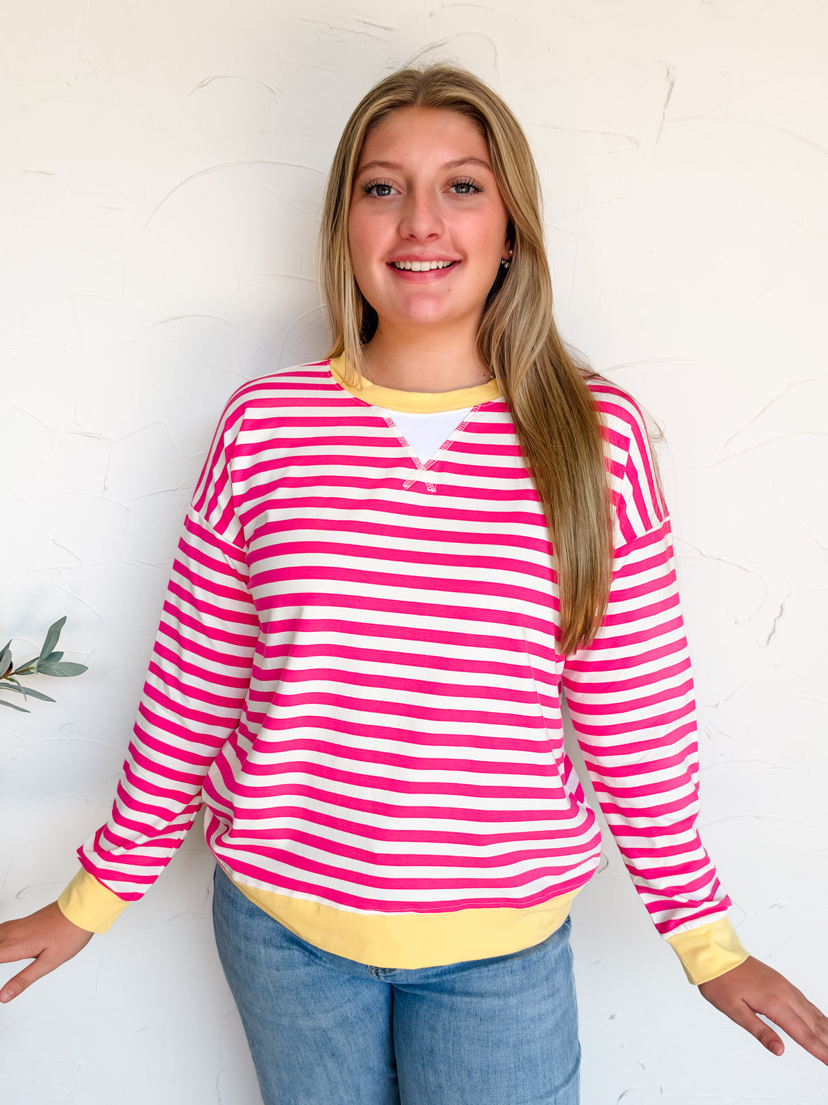 In The Spirit Striped Rib Banded Pullover- Hot Pink/Yellow