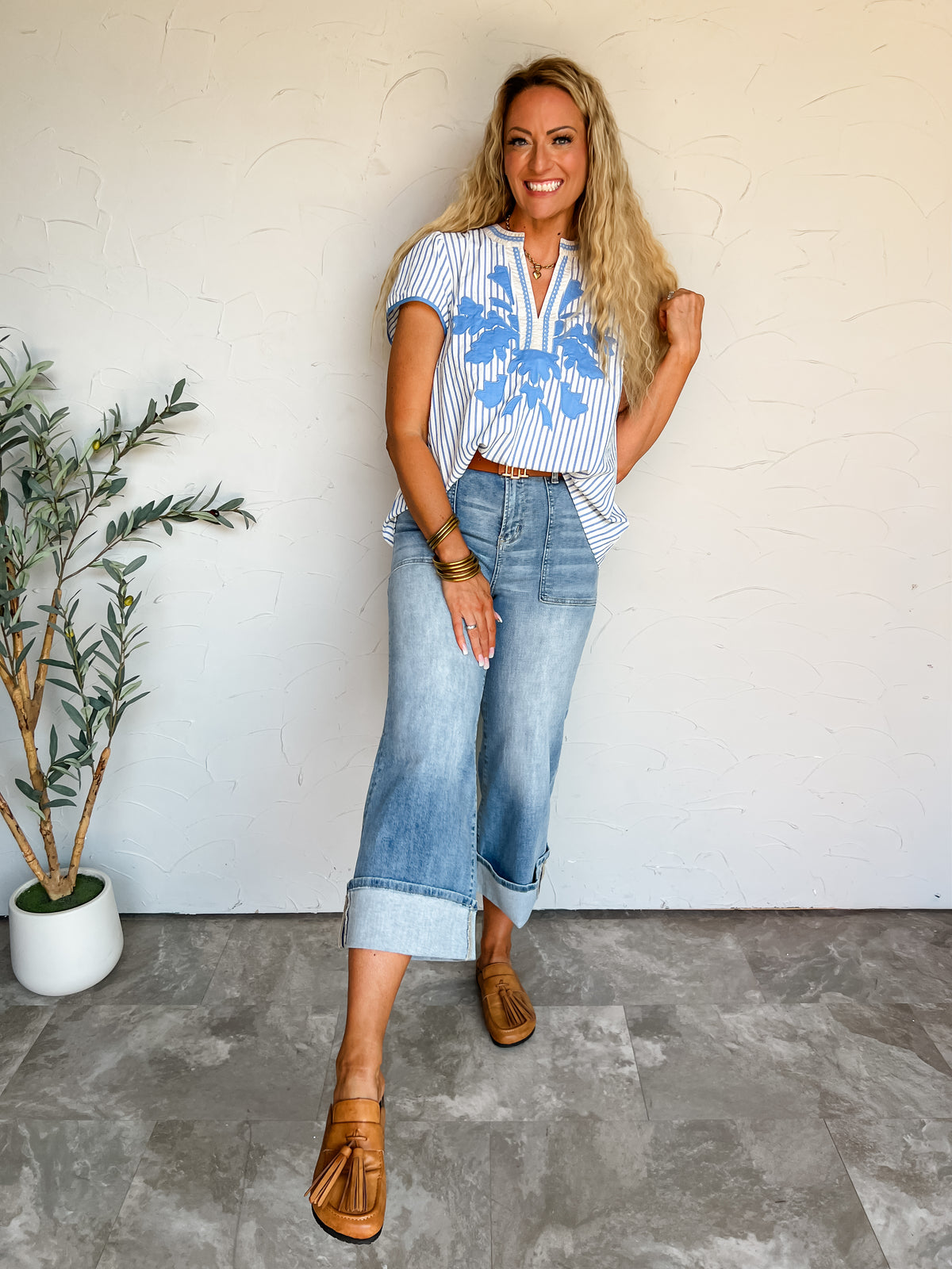 Center Of My Attention Floral Appliqué Striped Top - Peri Blue