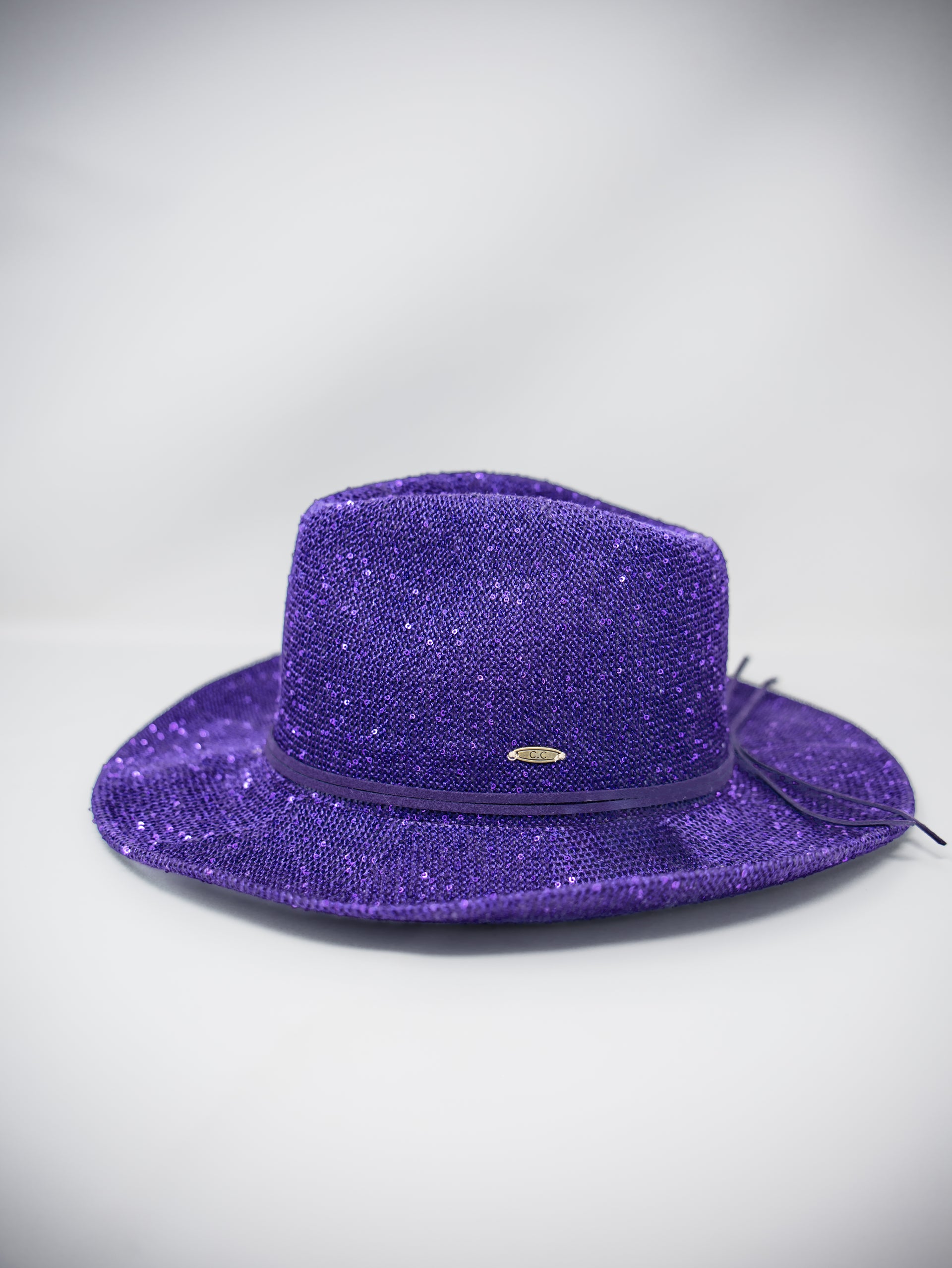 A purple glitter fedora hat with a matching purple band and a small gold emblem, photographed on a light gray background.