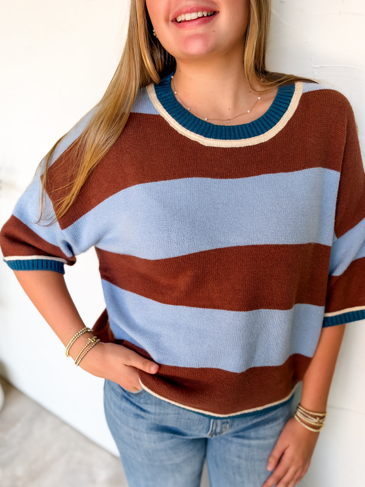 Serving Looks Wide Strip Loose Fit Top- Blue/Brown