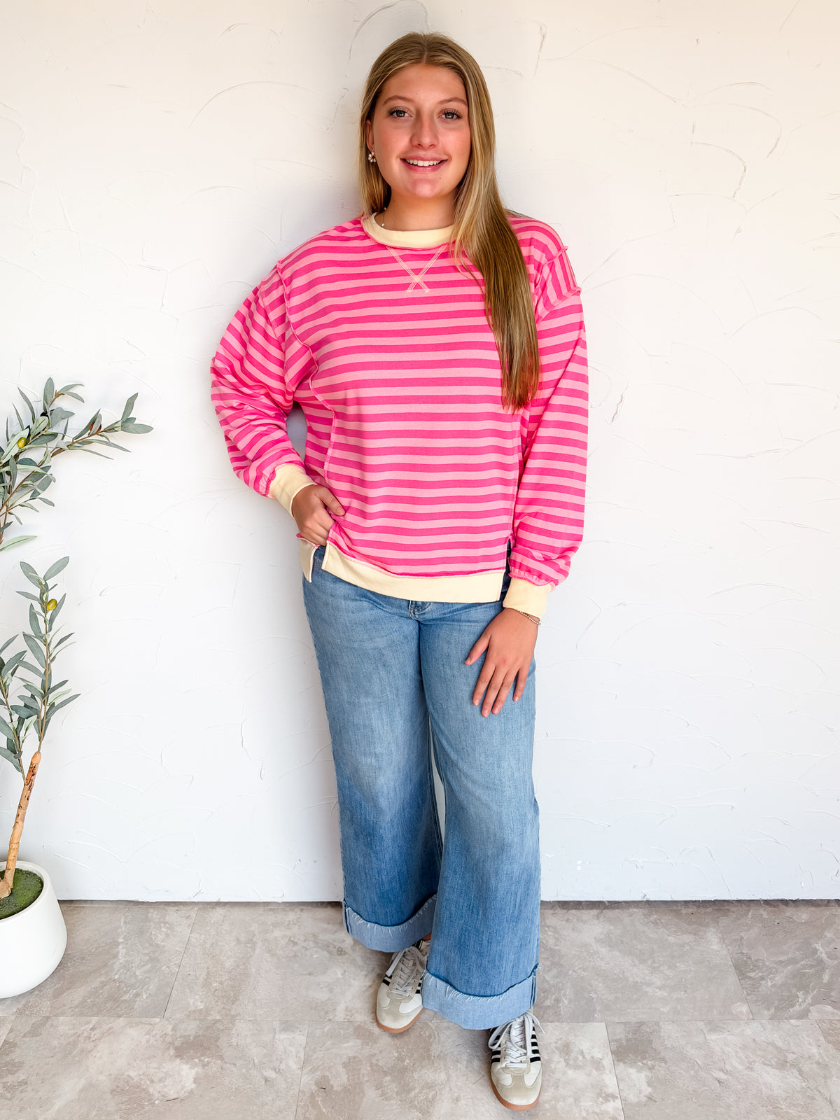Always Fun French Terry Striped Pullover- Rose/DK Pink