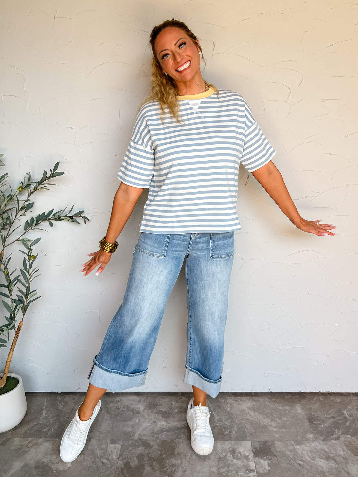 Keep This One Striped Knit Top- Dusty Blue