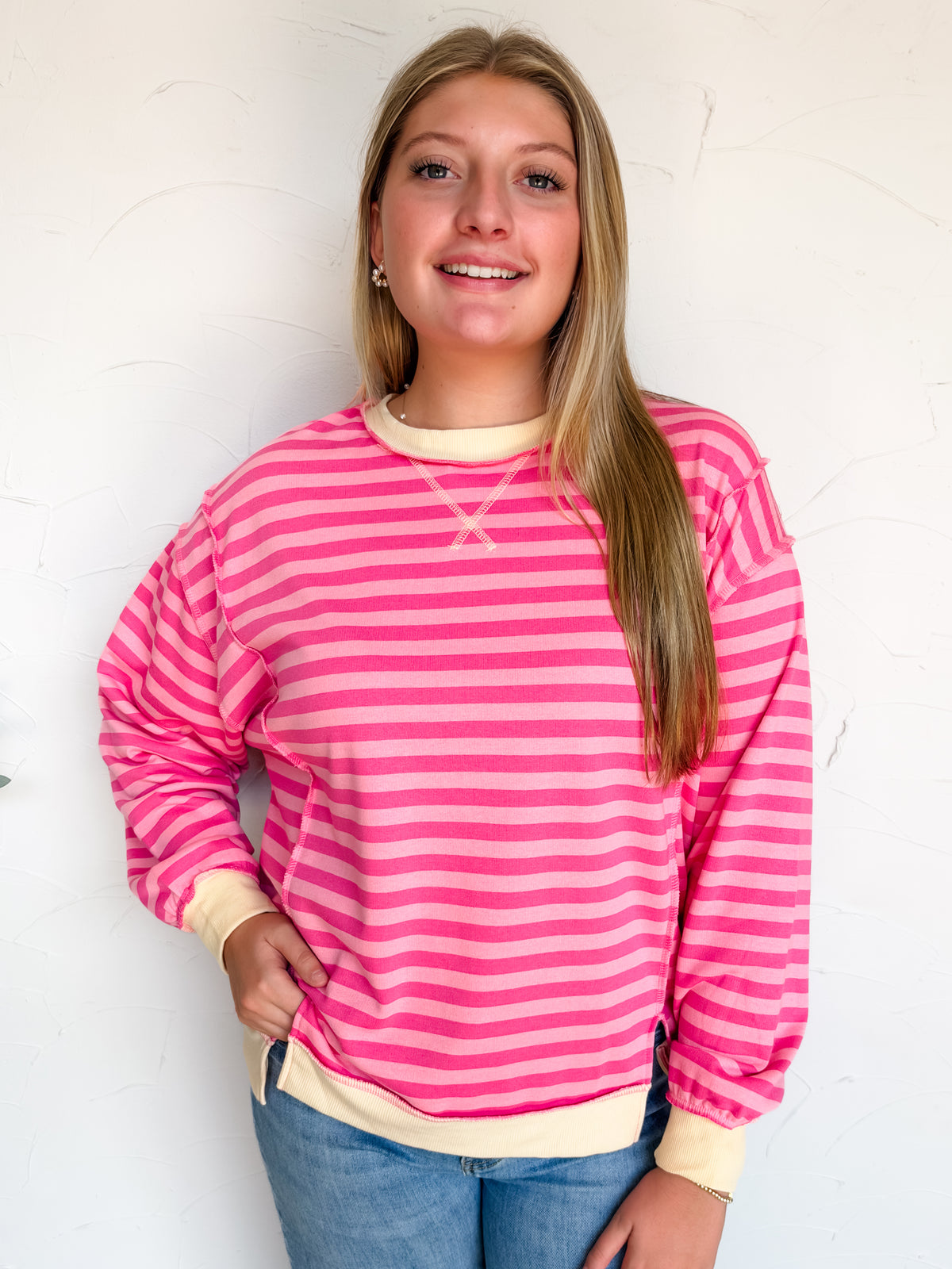 Always Fun French Terry Striped Pullover- Rose/DK Pink