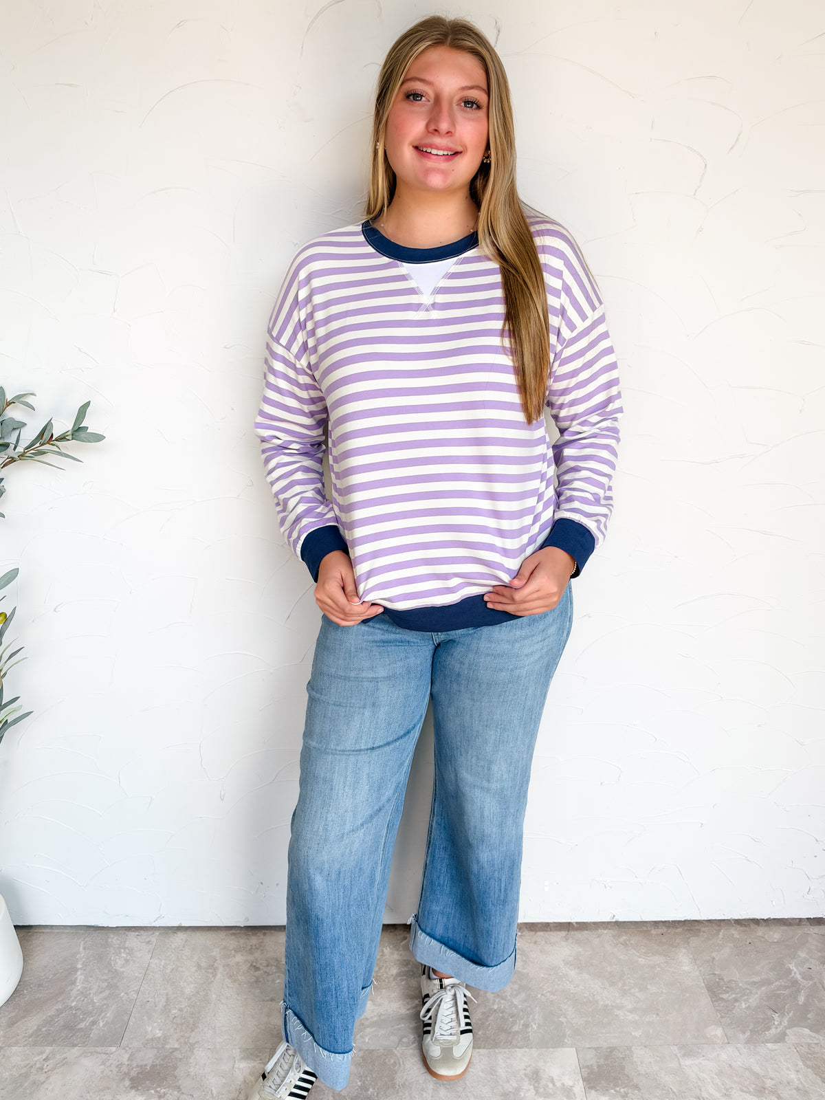 In The Spirit Striped Rib Banded Pullover-Lavender/Navy