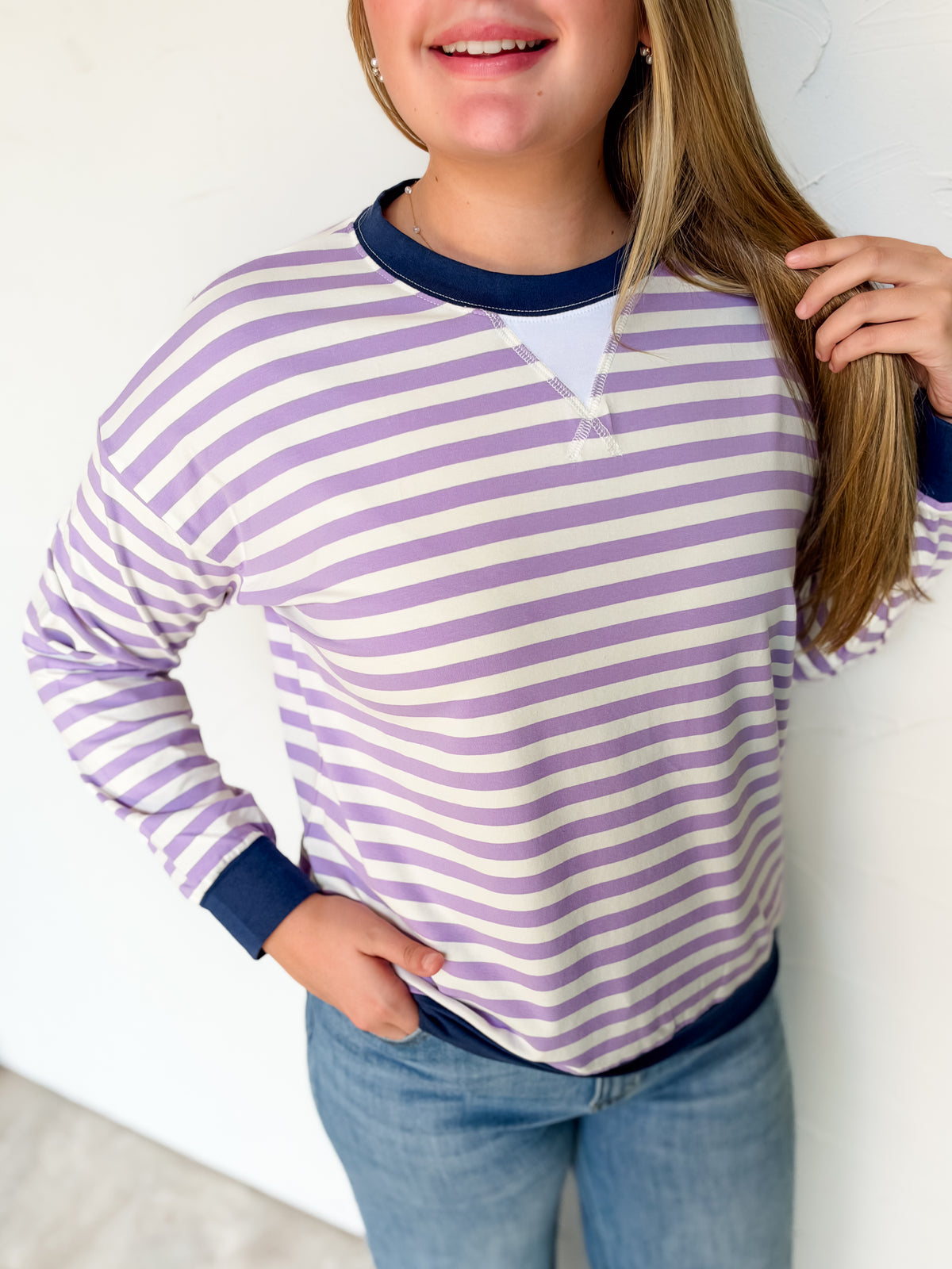 In The Spirit Striped Rib Banded Pullover-Lavender/Navy