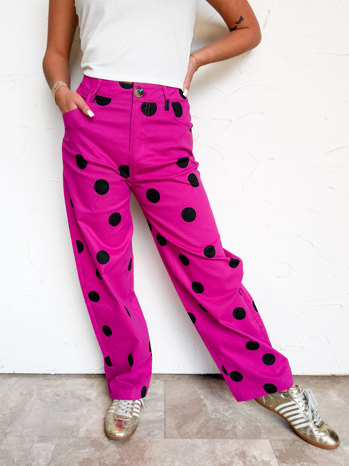 Oh So Good Wide Leg Polka Dot Pants- Magenta