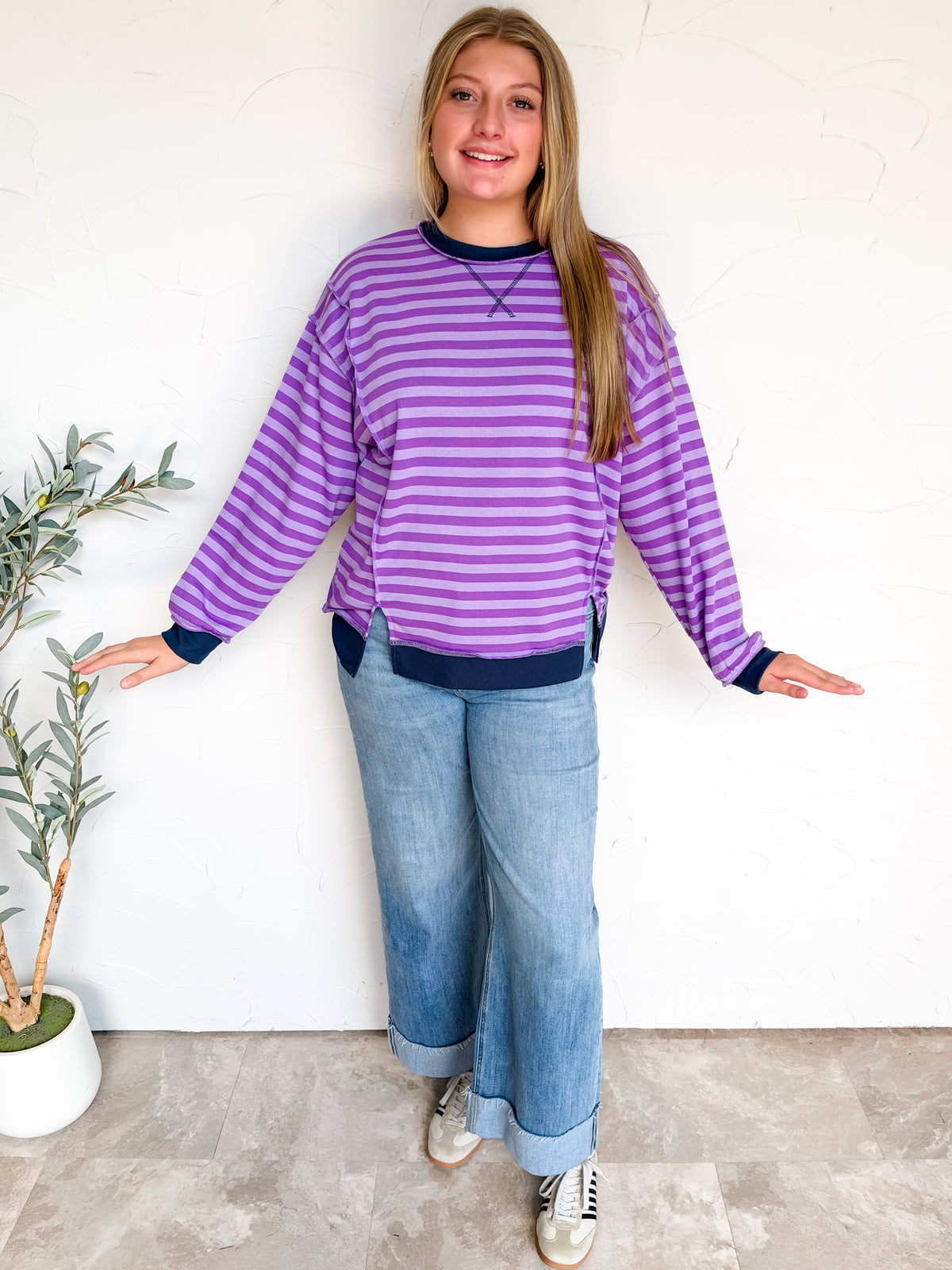 Always Fun French Terry Striped Pullover- Violet/Lavender